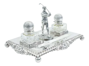 English Sheffield Silver Plated Golfer Footed Desk Inkwells With Stand