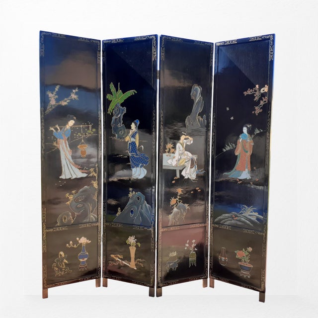 A dramatic 4-panel folding screen in deeply glossy black lacquer, hand-painted with traditional Chinese figural and...