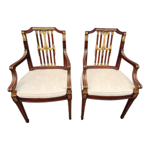 Pair Maitland Smith Parcel Gilt Mahogany and Swag Shield Back Cane Seat Armchairs