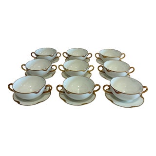 Antique Haviland & Co. Limoges Gold Rim Bouillon Cups and Saucers, Set of 9 - 18 PCS For Sale