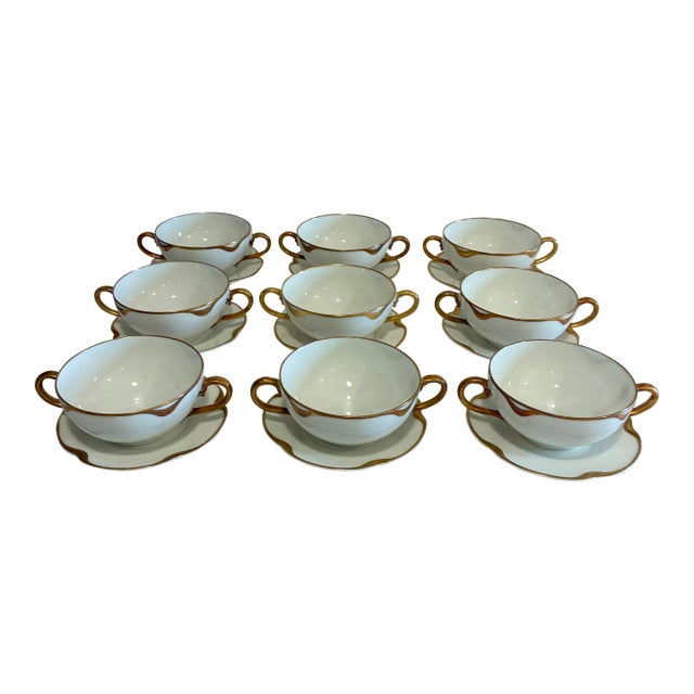 Antique Haviland & Co. Limoges Gold Rim Bouillon Cups and Saucers, Set of 9 - 18 PCS For Sale