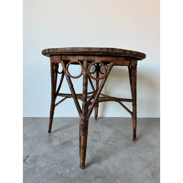 Brown Vintage Boho Chic Bamboo and Rattan Round Accent Table For Sale - Image 8 of 12