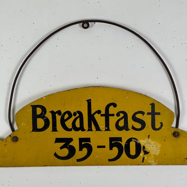 Metal A Whimsical Vintage Wood Sign Advertising "Breakfast 35-50c" With Arching Metal Hook, Double Sided For Sale - Image 7 of 9