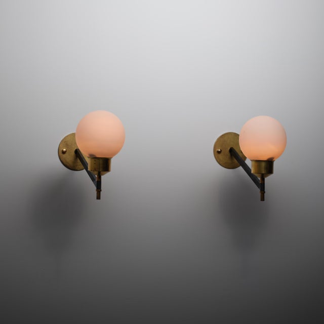 Italian Wall Sconces in Brass, Black Steel and Opaline Glass, 1950s, Set of 2 For Sale - Image 9 of 10