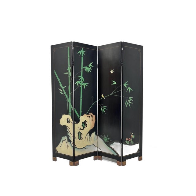 Vintage Chinese Four Panel Room Divider, Folding Screen With a Chinoiserie Pond Scene Painted on Both Sides For Sale - Image 4 of 9