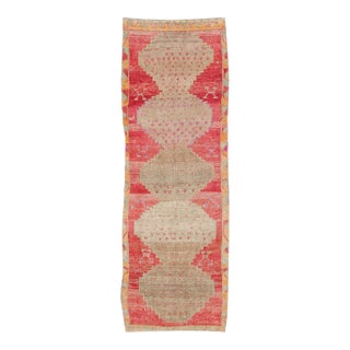 Vibrant Hand Knotted Turkish Vintage Runner in Faded Red, Coral, Orange, Pink and Green For Sale