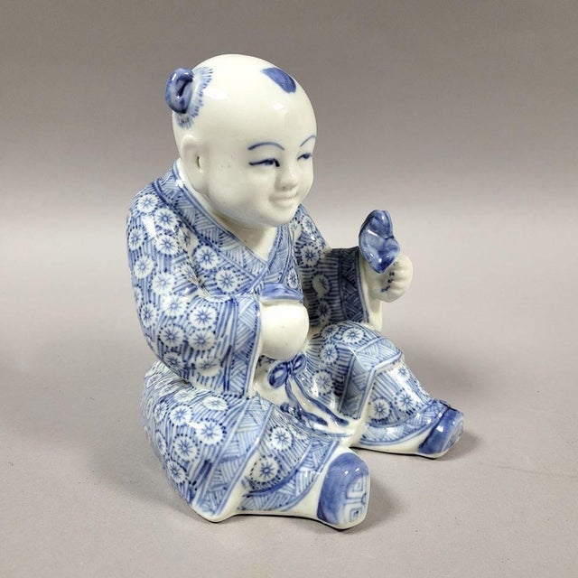 1980s Chinese Blue & White Porcelain Seated Boy Figurine, 1980s For Sale - Image 5 of 9