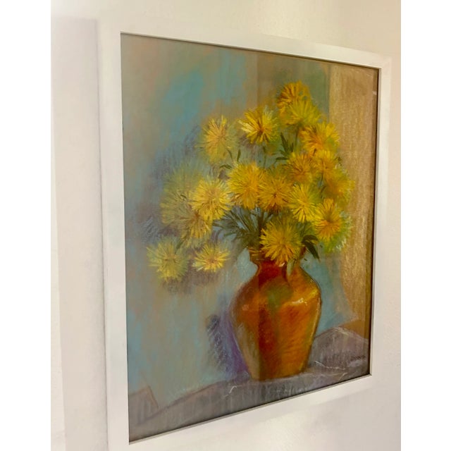 Canary Yellow Vintage Boho Chic Pastel Yellow Dahlias Signed by the Artist For Sale - Image 8 of 9