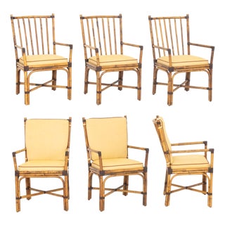 Set of Six Pierce Martin Modern Bamboo and Rattan Wrapped Arm Chairs For Sale
