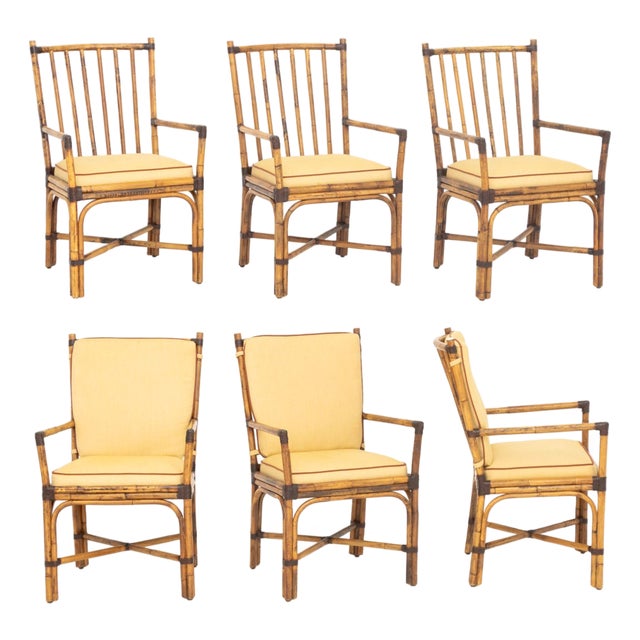 Set of Six Pierce Martin Modern Bamboo and Rattan Wrapped Arm Chairs For Sale