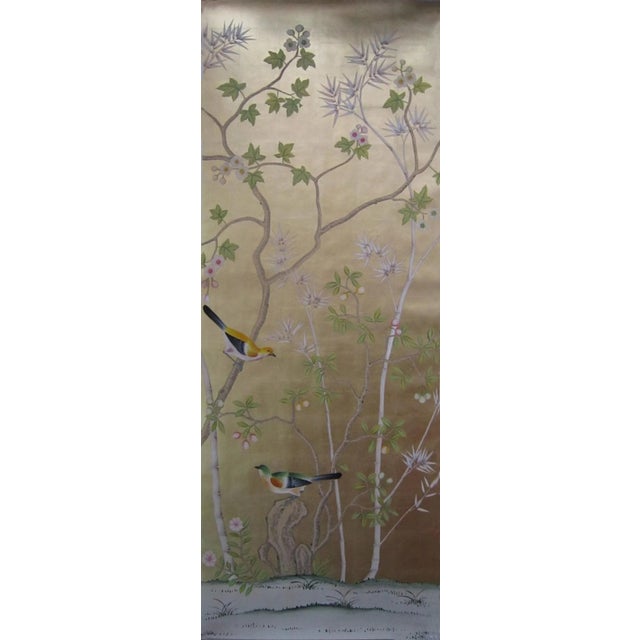 Chinoiserie Hand Painted Wallpapers on Champagne Metallic Panel - 10 Panels For Sale - Image 4 of 5