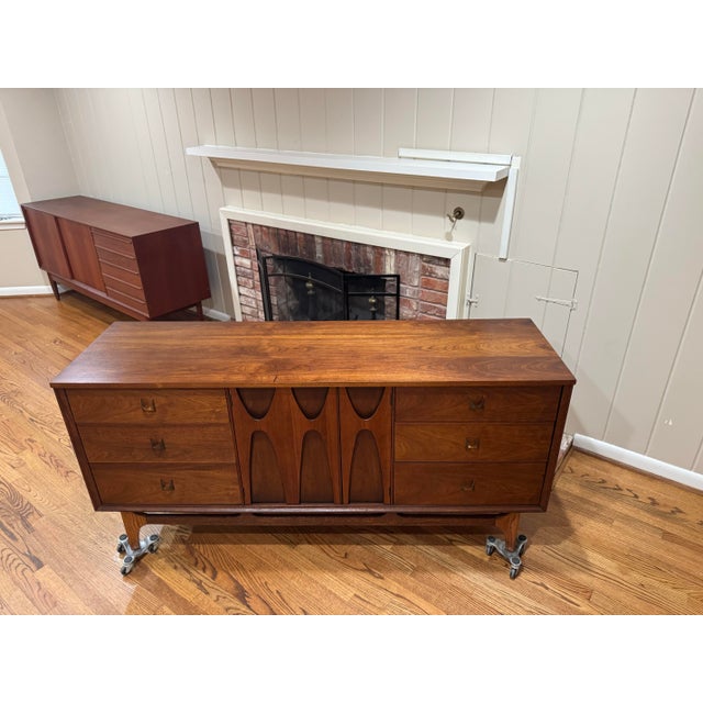Wood 1960s Mid Century Modern Broyhill Brasilia Lowboy Walnut Triple Dresser For Sale - Image 7 of 9