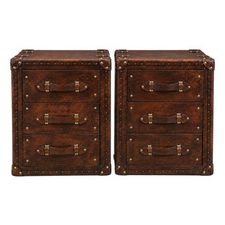 Vintage Leather Nightstand Set of 2, Cognac Brown Bedside Tables, Trunk Style Side Table, Handmade Rustic End Table, Luxury Bedroom Storage For Sale