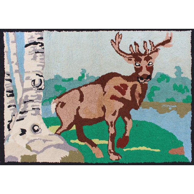 American Hooked Rug With a Bull Elk in Aspen Trees Setting 2'9" X 3'11" For Sale - Image 4 of 8