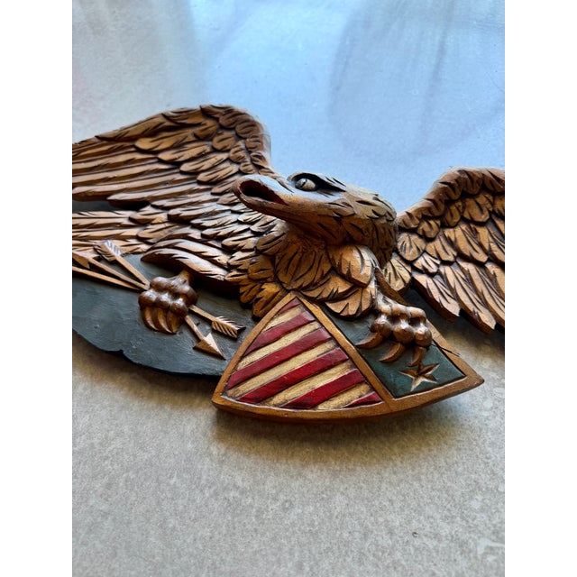 1950s Folk Art Mid-Century Artistic Carving Co. Louisburg Wood Eagle Plaque Bellamy Style Americana Wall Sculpture For Sale In Las Vegas - Image 6 of 16