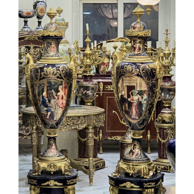 2000 - 2009 Sevres-Style Porcelain Vases With Pedestals – Hand-Painted Gilt Bronze, Pair For Sale - Image 5 of 14