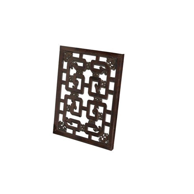 Asian 40" Vintage Dark Brown Geometric Fortune Bats Rectangular Wood Panel For Sale - Image 3 of 9