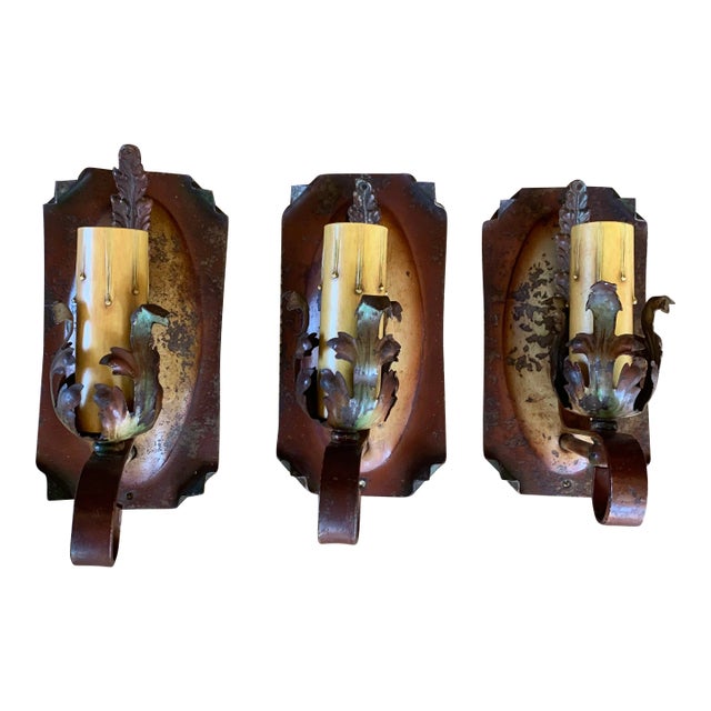 Set 3 Old Iron/ Brass Polychrome Rustic Sconces Circa 1920 For Sale