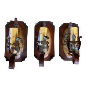 Set 3 Old Iron/ Brass Polychrome Rustic Sconces Circa 1920