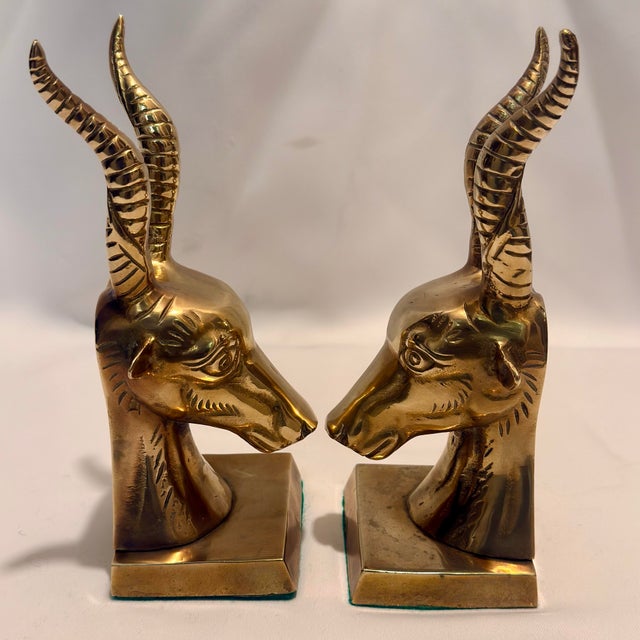 Mid 20th Century 1970s Solid Brass Ibex Gazelle Bookends -a Pair - Styled After Karl Springer For Sale - Image 5 of 9