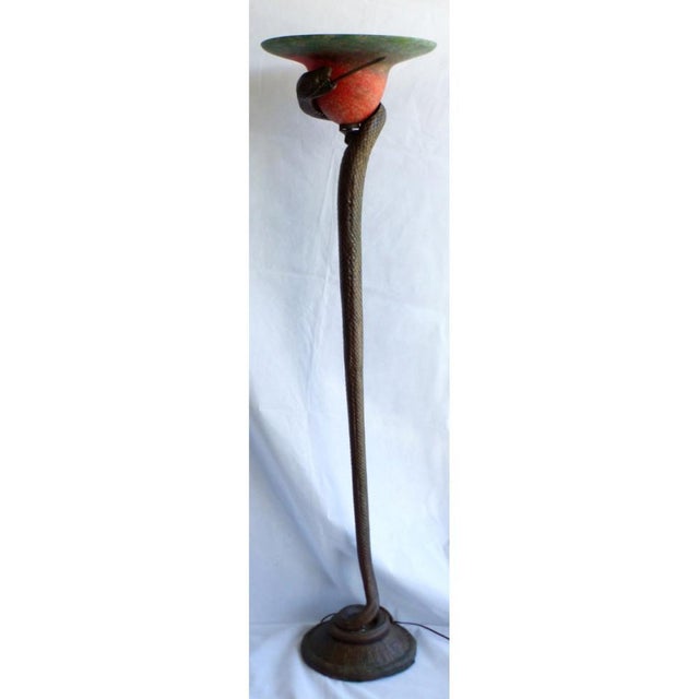 A striking 20th-century Edgar Brandt style cobra floor lamp, inspired by the celebrated French Art Deco designer's iconic...