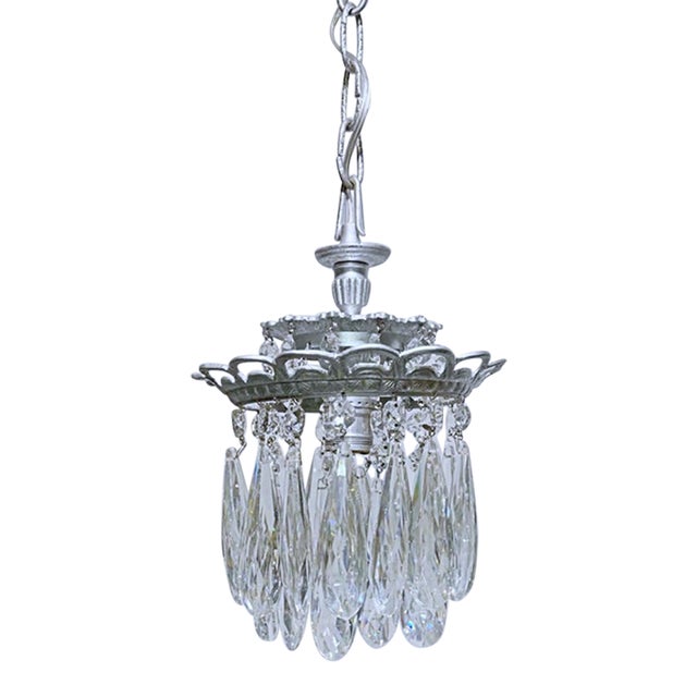 Vintage Crystal Prismatic Pendant Chandelier With Silver Frame For Sale