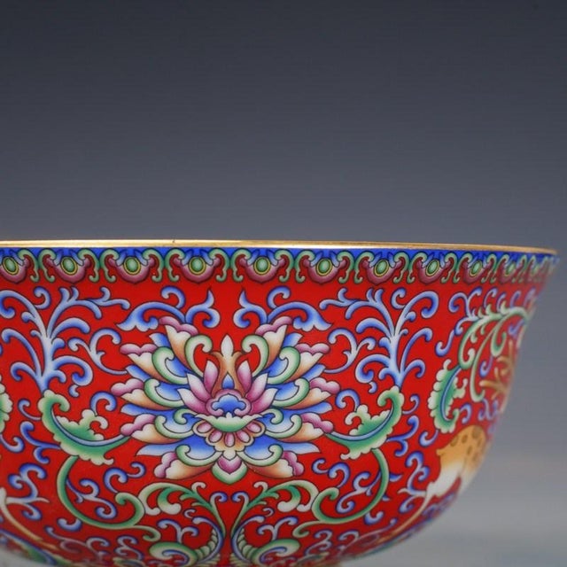 Mid 20th Century Enameled 6 Porcelain Bowls With Box – Famille Rose Style Deer & Floral Motif - 7 pcs For Sale - Image 14 of 18