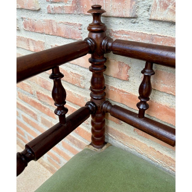 Pair of French corner chairs solid walnut wood with legs.