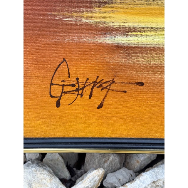 Framed Mid Century Modern Coastal Sunset Seagulls Oil Painting on Canvas Artist Signed For Sale In Austin - Image 6 of 6