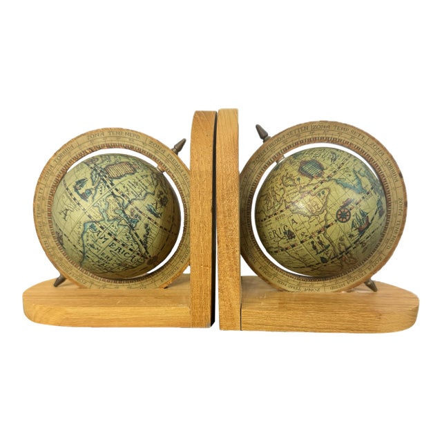 Pair of MCM Wood Bookends. 1960s Vintage Old World Rotating Globe Map Made in Italy For Sale
