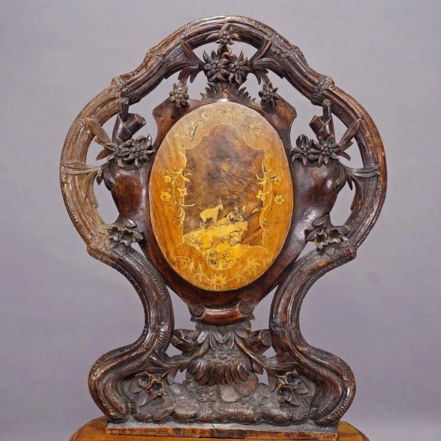 Pair Nutwood Edelweis Marquetry Chairs Swiss Brienz 1900 For Sale - Image 4 of 12