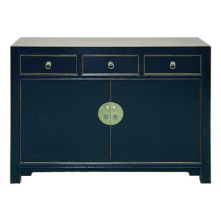 Oriental Black Lacquer 3 Drawers MoonFace Console Credenza Sideboard For Sale