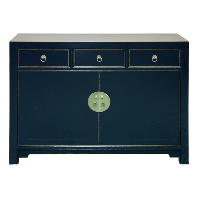 Oriental Black Lacquer 3 Drawers MoonFace Console Credenza Sideboard For Sale