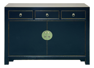 Oriental Black Lacquer 3 Drawers MoonFace Console Credenza Sideboard
