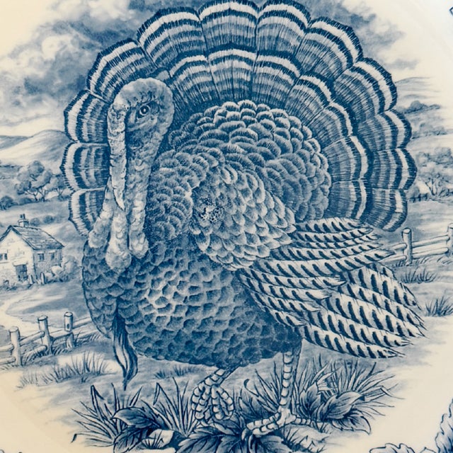 English English Blue & White Transferware Turkey Thanksgiving Dinner Plates - Set of 12 For Sale - Image 3 of 6