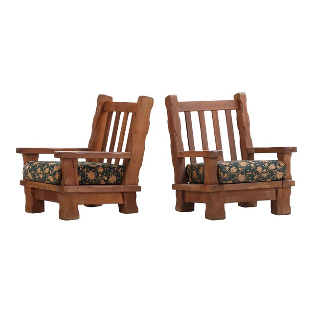 A Pair of French Heavy Oak Brutalist Style Open Arm Chairs, C. 1960. For Sale
