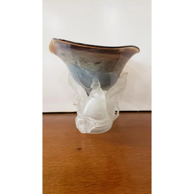 This beautiful centerpiece bowl measures 8 1/2" high by 9 1/4" wide and 4“ in diameter at the base.