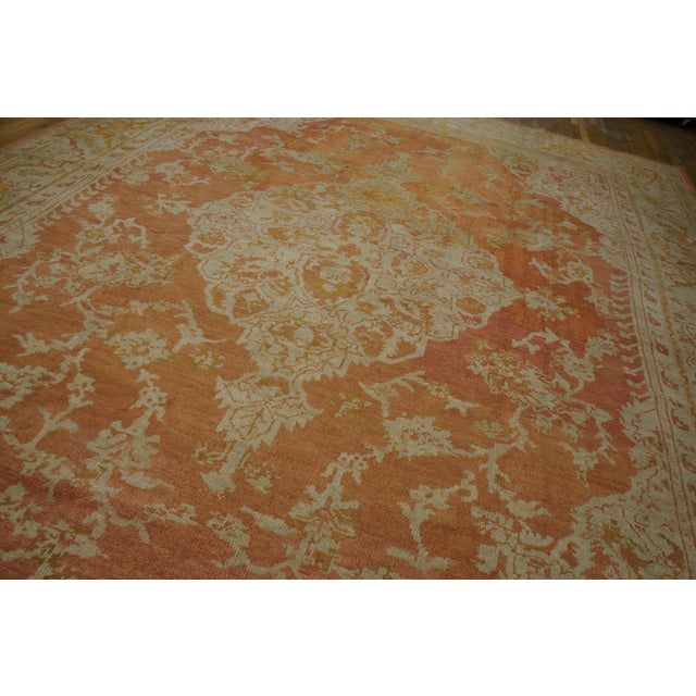Early 20th Century Spectacutar Orange-Salmon Background Color With Distinctive Central Medallions Antique Turkish Oushak Rug For Sale - Image 5 of 9