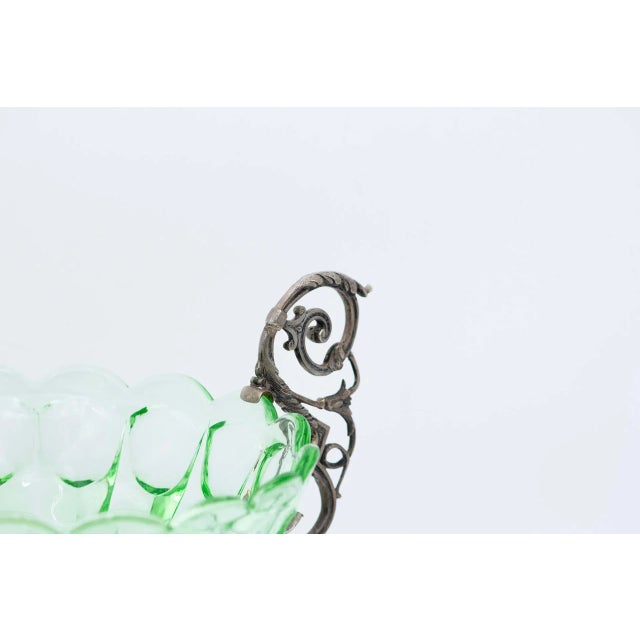 Blown Green Glass and Silver Fruit Bowl Centerpiece with Cut-Out Handles For Sale - Image 3 of 6