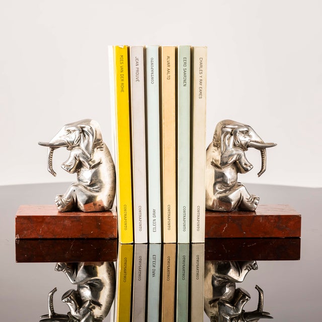 Maroon Art Deco Bookends with Elephants in Silver-Plated Metal and Rouge Royal Marble, 1930, Set of 2 For Sale - Image 8 of 12