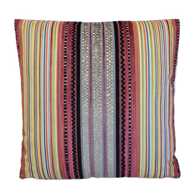 Custom-tailored designer pillow by Mike Seratt of The Prized Pig in a colorful French striped velvet fabric. Raspberry-...