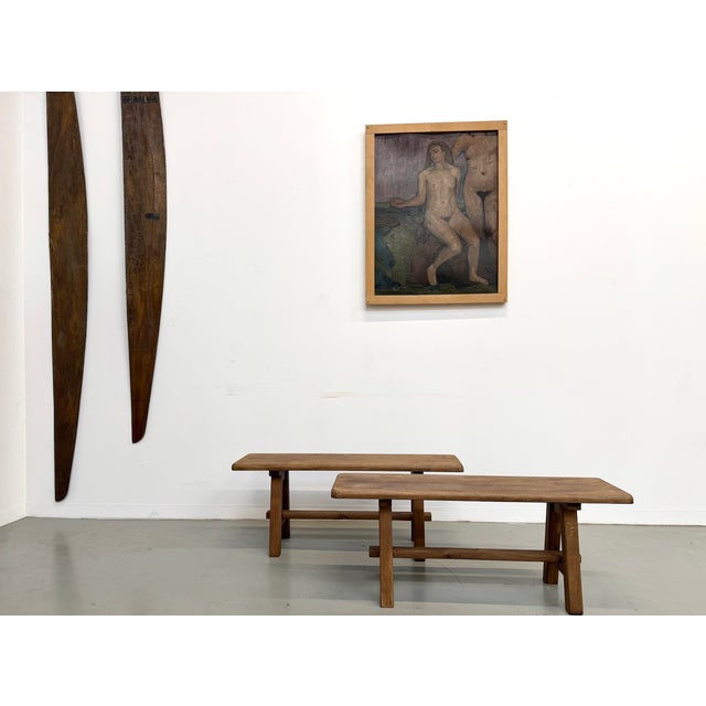 Maison lecan presents a pair of small solid oak benches dating from the 1950s. With their compact 110 cm height, these...