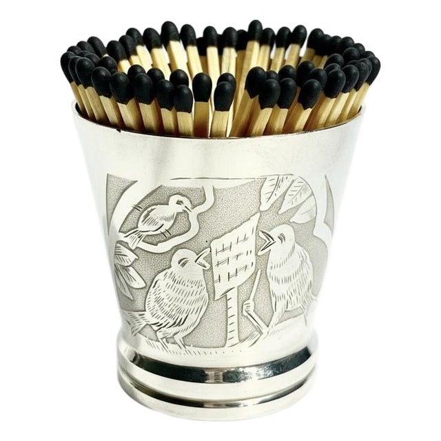 Antique French Art Deco Silver Plate Small Cup or Matchstick Holder With Engraved Songbirds For Sale