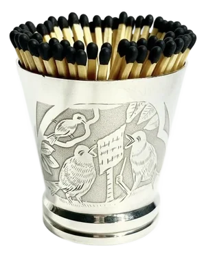 Antique French Art Deco Silver Plate Small Cup or Matchstick Holder With Engraved Songbirds