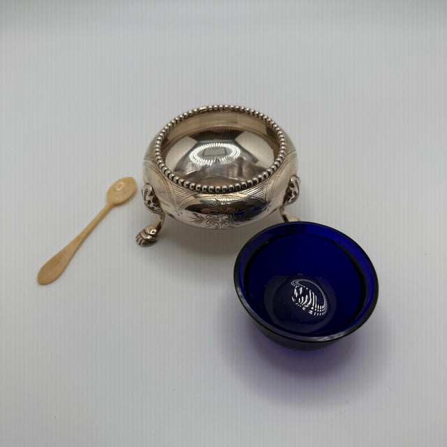 Victorian Silver Plate Open Salt Cellar With Cobalt Glass Liner & Spoon, Circa 1890 For Sale - Image 9 of 10