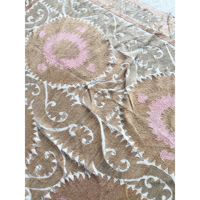 Tan Hand-Embroidered Large Neutral Tan Suzani Bedspread For Sale - Image 8 of 9