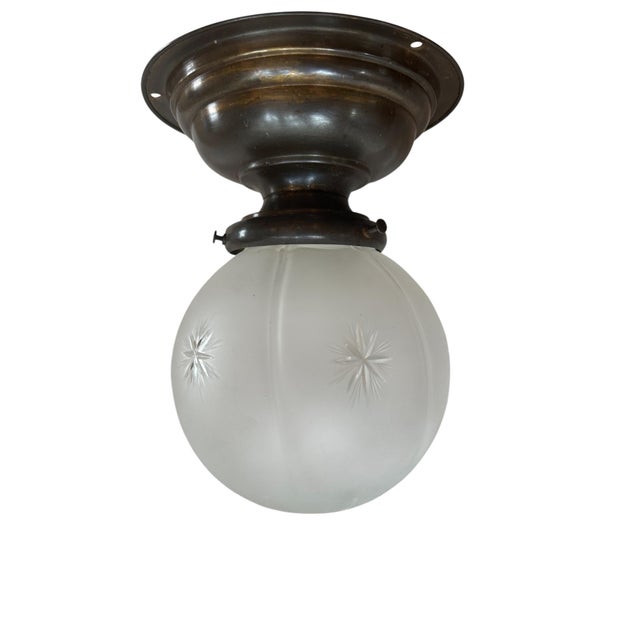 Frosted Wheel Cut Star and Wheat Pattern Melon Globe on Old Brass Holder, Circa 1910 For Sale - Image 4 of 4