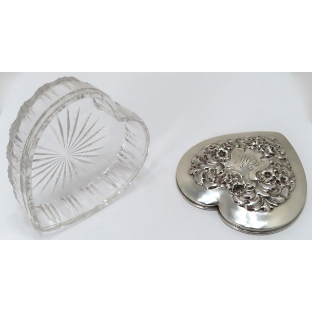 Silver Antique American Victorian Sterling Silver & Hand Cut Crystal Heart Shape Trinket Box by Gorham For Sale - Image 8 of 13