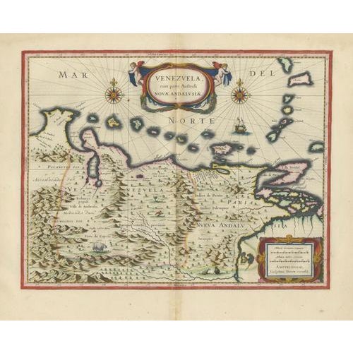 Venezuela Map with Caribbean & Nueva Andalusia from Blaeu, 1642 For Sale - Image 3 of 12
