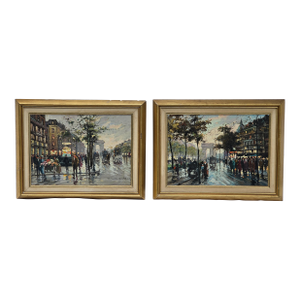 Pair of Edouard Courtois Signed Oil Paintings — Paris Street Scenes With Horse-Drawn Carriages & Arc De Triomphe